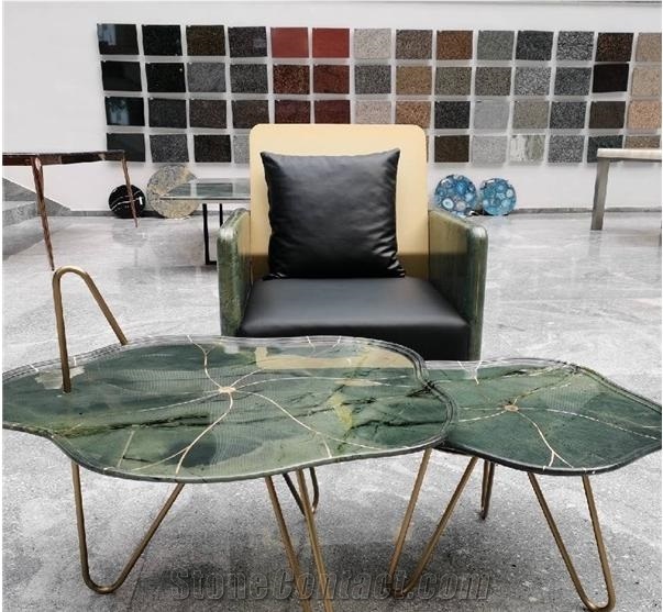 China Peacock Green Marble Polished Coffee Table Tops